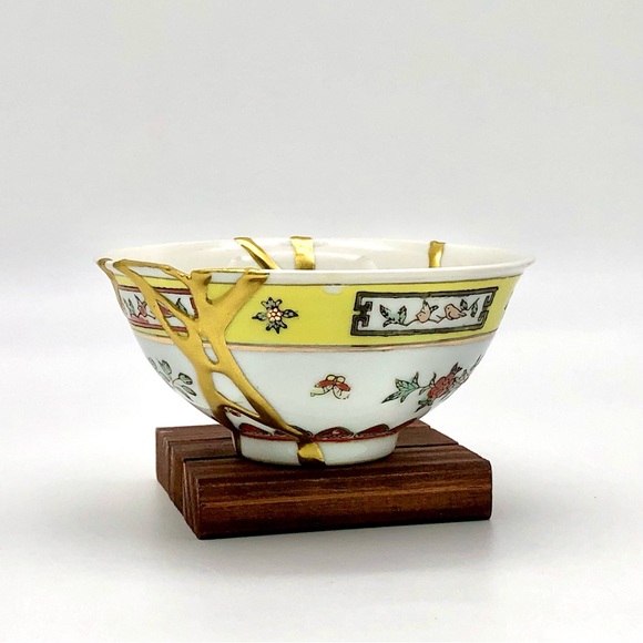 Kintsugi Bowl Chinese Jingdezen Floral Gold Crack Japanese Personal Growth Gift - Picture 4 of 17